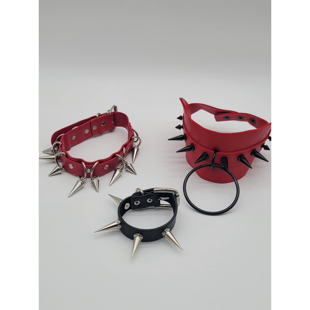 3 Pc Goth Punk Spike Choker Bracelet Set Red O Ring Alt Collar Bundle